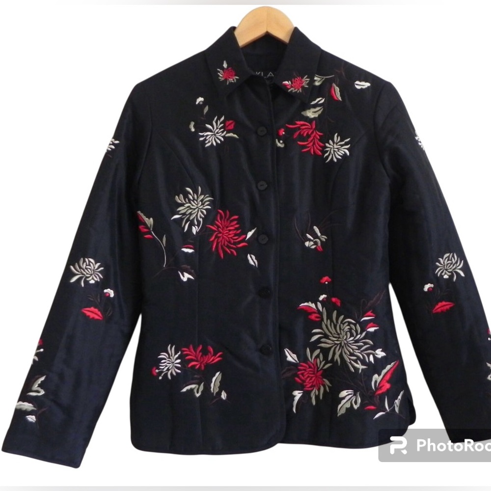 Silkland Jacket Quilted Insulated Silk Black Embroidery Trim Long Sleeve SZ 12